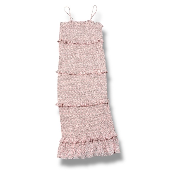 Mabel Daphne Ditsy Flower Ruffe Trim Smocked‎ Midi Long Tube Dress Pink Large - Picture 15 of 15